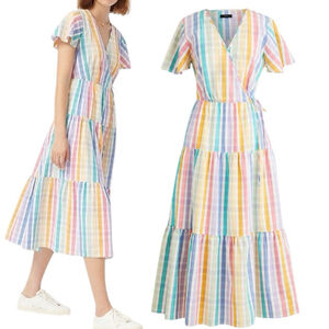 J.Crew Faux-wrap Midi Sundress, 12, Rainbow Gingham Seersucker Multi-colour